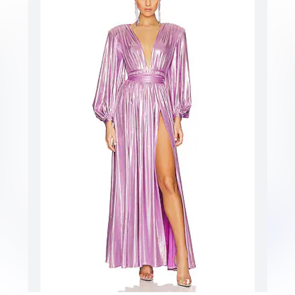 BRONX and BANCO Lavender Metallic Shimmer Long Sleeve Maxi Dress Gown Slit 2